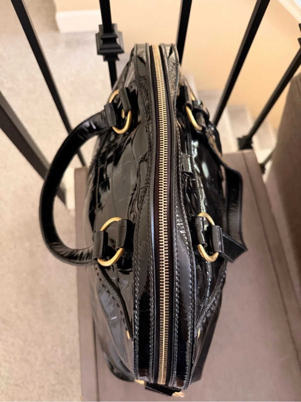Yves Saint Laurent Black Patent Dome Satchel with Gold-Tone Hardware vintage